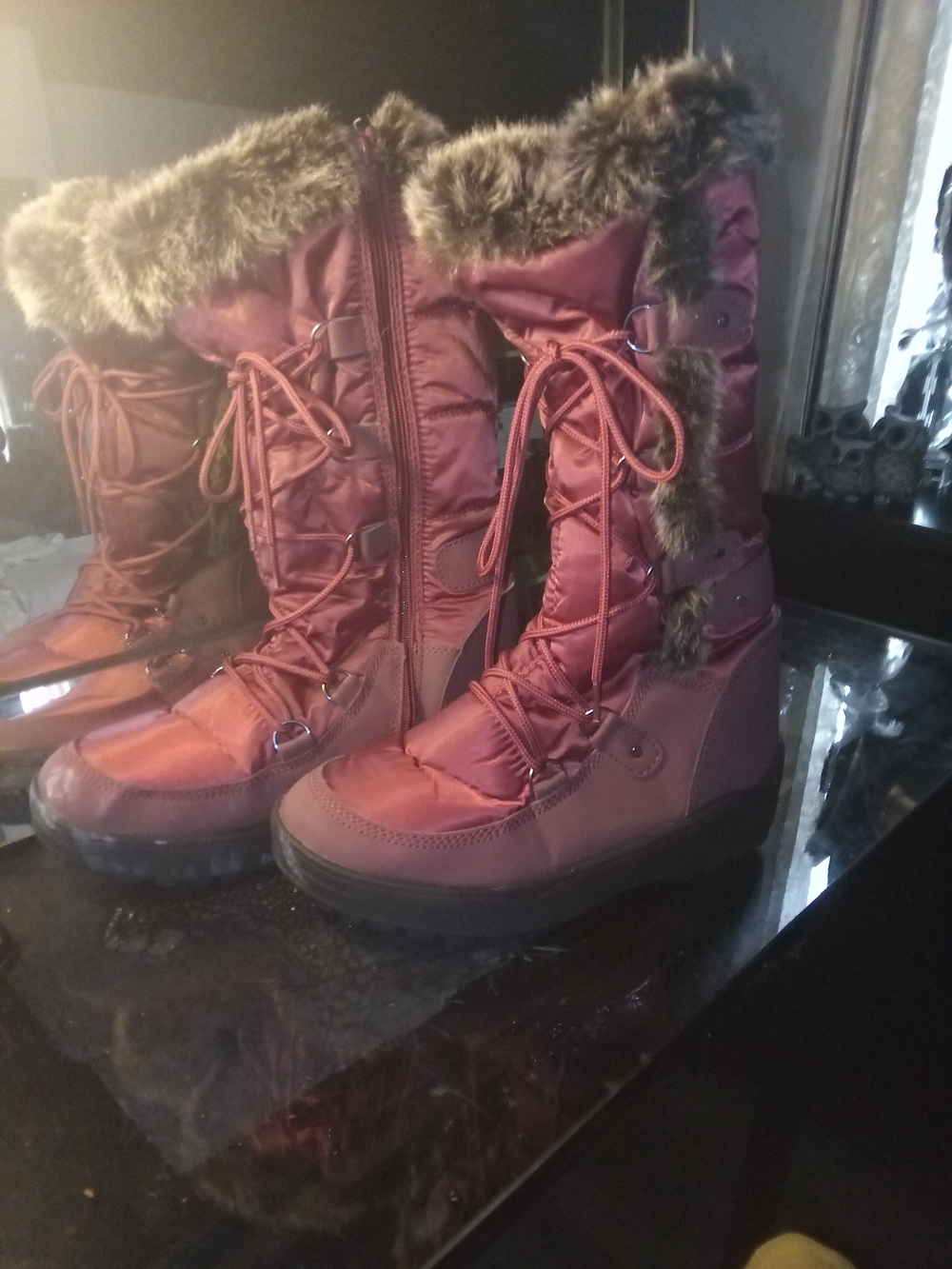 Nature Breeze Burgundy Lace-Up Faux Fur Winter Boots